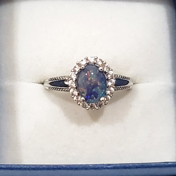 Boulder Opal & White Zircon Halo Ring in Platinum over 925 SS 1.85 cts sz 8 - Picture 1 of 6